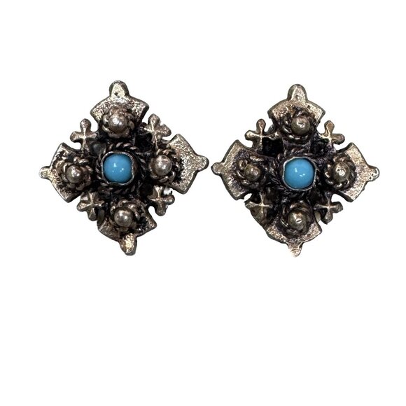 Vtg Silver Filigree Bracelet Turquoise & Clip-On Earrings Set Blue Safety Chain - Picture 8 of 10